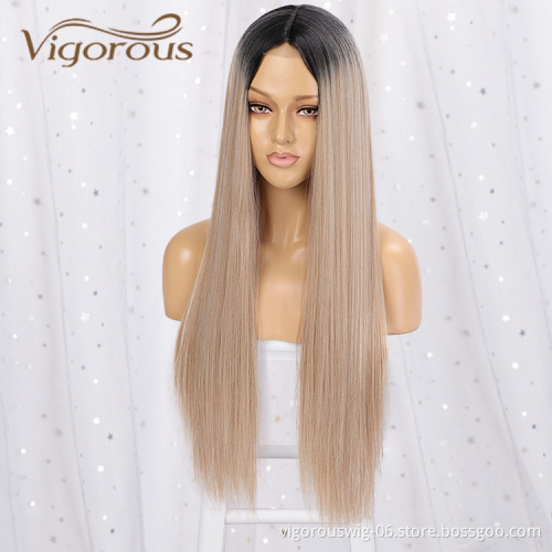 Vigorous Long Straight Deep Part Lace Front Wigs Synthetic Hair Ombre Blonde For Women